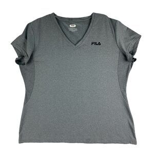 Fila Womens T Shirt Size XL V-Neck Gray Stretch Sports Short Sleeve Athletic